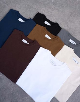 Topman Confezione da 7 T-shirt classiche color nero, bianco, marrone, blu navy, antracite, écru e marrone-Multicolore