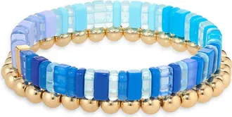 Leith 2-Piece Set Beaded Stretch Bracelets in Blue Multi- Gold at Nordstrom Rack