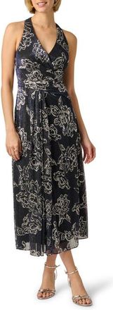 Adrianna Papell Print Metallic Crinkle Sleeveless Dress in Black/gunmetal at Nordstrom, Size 14