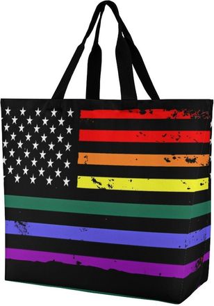 Generic Gay LGBT U.S. Flag Large Reusable Shopping Bag Lightweight Foldable Tote Bags Washable Shoulder Handbag