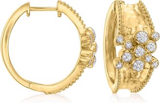 Ross-Simons Diamond Cluster Hammered Hoop Earrings in 18kt Gold Over Sterling