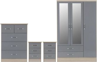 Seconique Nevada 3 Door 2 Drawer Mirrored Wardrobe Bedroom Set - Grey Gloss/Light Oak Effect Veneer