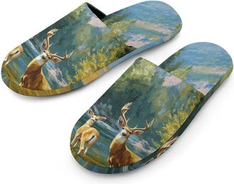Generic Deer River Mountain Spring Forests Mens House Slippers Slip Indoor Slipper On Shoes Warm Outdoor