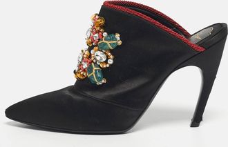 Roger Vivier Black Satin Crystals Embellished Mules