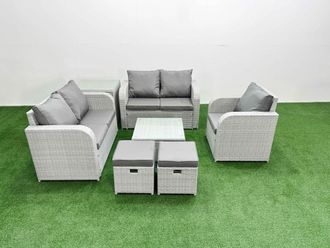 Fimous High Back Poly Rattan Garden Furniture Set w/ Reclining Chair Loveseat Sofa Square Coffee Table Indoor Outdoor Patio Set 2 Stool Side Table