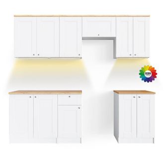 Vicco Cucina componibile Bergamo, Bianco, 240 cm, pl Goldkraft con striscia led