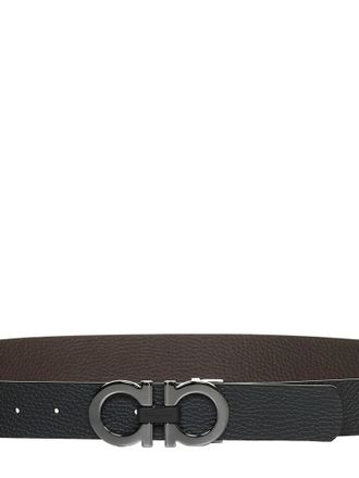 Ferragamo Mens Leather Belt Gancini Black-Dark Brown Calf