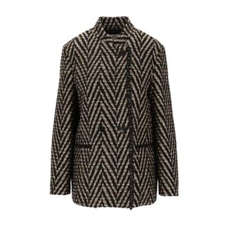 Forte_Forte Jassen, Dames, Veelkleurig, S, Satijn, Oversized Jas in Chevron Jacquard