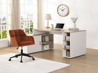 Vente-Unique Corner Desk With Storage - MDF - White & Natural - ROMIARA in Light Oak