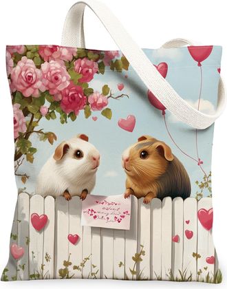 Generic Valentines Day Sheep Canvas Tote Bag for Shopping 13x15, Farmhouse Couple Animal Lover Reusable Grocery Print Bag for Women, Holiday Beach Aesthetic P