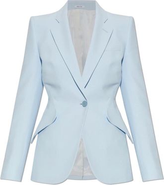 Alexander McQueen Jassen, Dames, Blauw, S, Leer, Jacket met enkele rij knopen