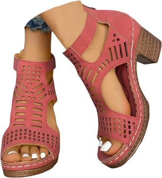 Generic Chunky Heeled Sandals for Women Bohemian Stacked Heeled Cutout Sandals Open Toe Summer Block Heel Booties Ankle Buckle Fashion Dress Sandal with Back 