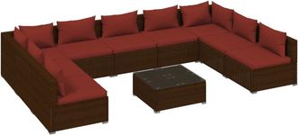 vidaXL Set Muebles De Jard&iacute;n 10 Pzas Y Cojines Rat&aacute;n Sint&eacute;tico Marr&oacute;n Vidaxl