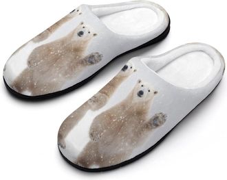 Generic Two Polarbears Funny Mens Cozy Cotton Slippers with Memory Foam Lightweight Anti-skid House Shoes for Indoor Outdoor