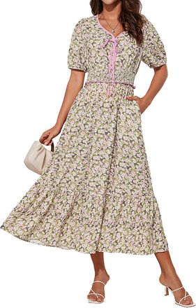 Grace Karin Women Casual Midi Floral Dress Short Sleeve V Neck Wedding Dress Sundress Summer Dresses Green Pink Flower S