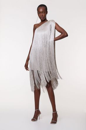 Karen Millen Womens Tall Figure Form Bandage One Shoulder Fringe Mini Knit Dress - Silver - Size X-Small