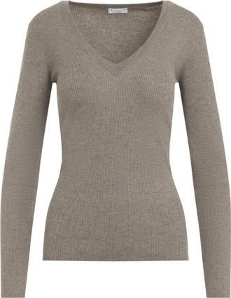Brunello Cucinelli Sprankelende Kasjmier Ribgebreide Trui - Dames - Cashmere truien - Bruin - M - Kasjmier - Truien & Vesten