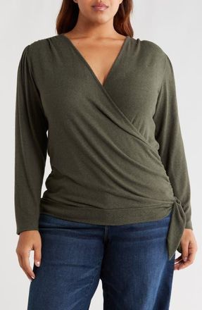 Loveappella Wrap Front Side Tie Knit Top in Olive at Nordstrom, Size 1X