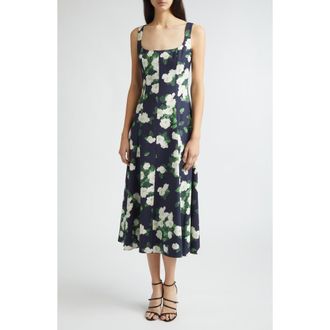 Carolina Herrera Rose Print Square Neck Sleeveless Midi Dress in Midnight Multi at Nordstrom, Size 14