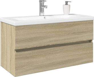 Berkfield Home Durable 2 Piece Bathroom Furniture Set Ceramic & Engineered Wood in Light Tan