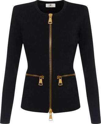Elisabetta Franchi Gebreide Cardigan met Gestructureerde Schouders - Dames - Vesten met rits - Zwart - L - Leer - Hoodies & sweatvesten