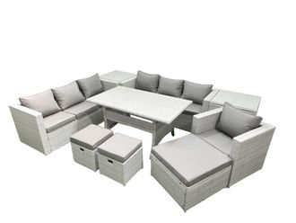 Fimous 9 Pieces Outdoor Rattan Sofa Set with Cushions Patio Garden Furniture Sets with Armchair Dining Table 2 Side Tables 3 Footstools in Light Grey