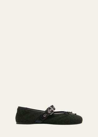 Miu Miu Flannel Leather-Strap Ballerina Flats