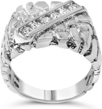 House of Brilliance 925 Sterling Silver 1/3 Diamond 6 Stone Rectangle Nugget Gents Ring