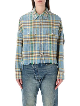 R13 Cropped Blue Check Work Shirt