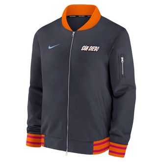 Nike San Diego Padres Authentic Collection City Connect Nike Mens MLB Full-Zip Bomber Jacket in Black | 02F30HUDPYP-TRY