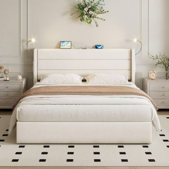 Merax 5ft King Upholstered Ottoman Storage Bed with LED & Charging Ports in Beige