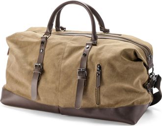 Trendhim Mens Mustard Yellow Canvas and Brown Leather Large Duffel Bag for Travel and Outdoor Activities Stylish Weekend Holdall