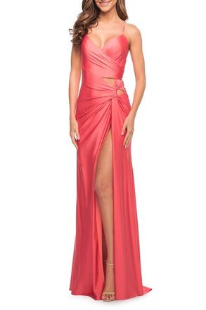 La Femme Prom Dress with Cut Outs at Hip and High Slit in Coral at Nordstrom, Size 00