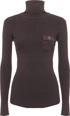 Elisabetta Franchi High Neck Ribbed Sweater with Faux Pocket and Gold Logo