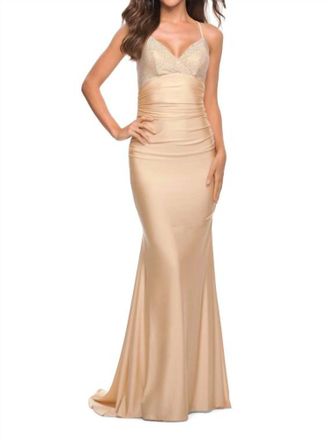 La Femme Fitted Long Jersey Prom Gown In Light Gold