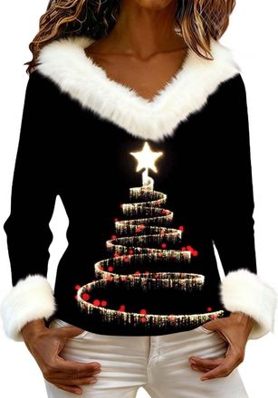 Generic Christmas Sweatshirts for Women Faux Fur Trim Plush V Neck Funny Xmas Tops Novelty Santa Claus Wine Glass Graphic Pullover Shirt (Z05-Xmas 10, M)