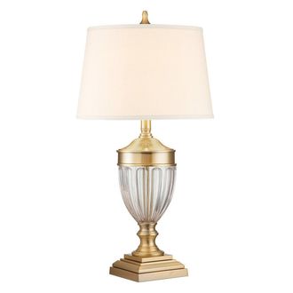 Netlighting Quoizel Dennison Table Lamp with Round Tapered Shade Brushed Brass in Yellow