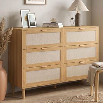 IDMarket C&oacute;moda Robin 6 Cajones 115 Cm Madera Y Tela Efecto Lino