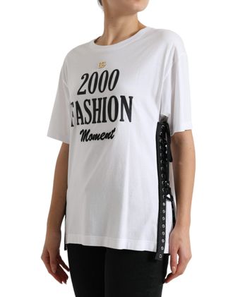 Dolce & Gabbana Womens White Slogan Print Lacing Detailed T-Shirt Cotton
