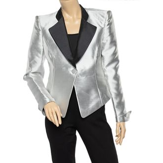 Emporio Armani Metallic Silver Synthetic Contrast Detail Cropped Blazer