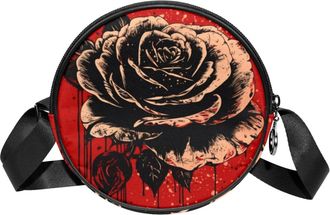 Generic Circle Crossbody Bag for Women, Red Black Rose Small Sling Bag Daypack with Zipper Adjustable Shoulder Straps Casual Ladies Girls Round Purse
