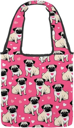 Generic Pug Dogs Pattern Reversible Canvas Shoulder Tote - Double-Sided Print, 12oz Cotton, 27cm Drop, Fold-Flat Bag for Travel, Shopping, Street Outings