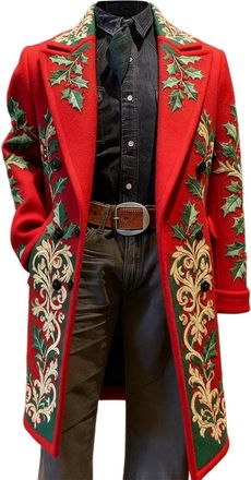 Generic Christmas Jacket For Men Corduroy Mid-Length Xmas Print Casual Trench Coat One Button Warm Durable Comfortable Festive Stylish Holiday Fit With Pocket