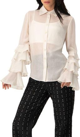 Ivonne Sheer Shirt with Tiered Ruffle Sleeves in Natural at Nordstrom, Size 10