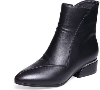Generic Womens Leather Chunky Heel Ankle Boots with Side Zipper, Fashion Pointed Toe Stitching Boots, Retro Low Heel Short Bootie Dress Shoes (Black,3.5)