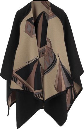 Ferragamo Geometrische Renaissance-print Reversible Cape - Dames - Ponchos - Zwart - ONE Size - Wol - Jassen