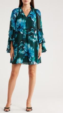 London Times Cascade Long Sleeve A-Line Dress in Teal/Light Blue at Nordstrom Rack, Size X-Large