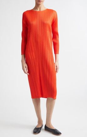 Pleats Please Issey Miyake Monthly Colors February Pleated Long Sleeve Midi Dress in Red at Nordstrom, Size 2