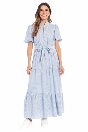 London Times Mackenzie Ruffle Sleeve Maxi Dress In Blue And White Twill Stripe