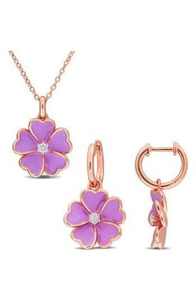 Delmar White Topaz Flower Earrings & Necklace Set in Pink at Nordstrom Rack